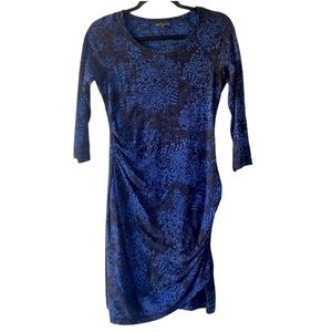 Express 3/4 Sleeve Ruched Midi Dress Blue Black-XS